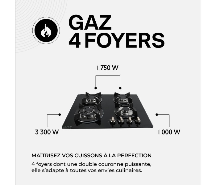 Plaque gaz 4 feux verre noir encastrable, double couronne, fonte