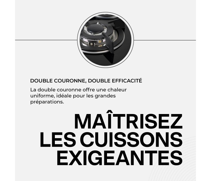 Plaque gaz 4 feux verre noir encastrable, double couronne, fonte