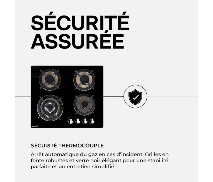 Plaque gaz 4 feux verre noir encastrable, double couronne, fonte