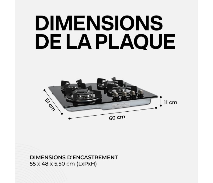Plaque gaz 4 feux verre noir encastrable, double couronne, fonte
