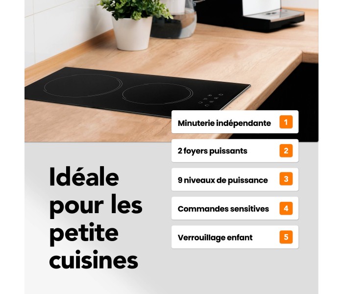 Plaque vitrocéramique 2 foyers, encastrable, 2 feux, fine