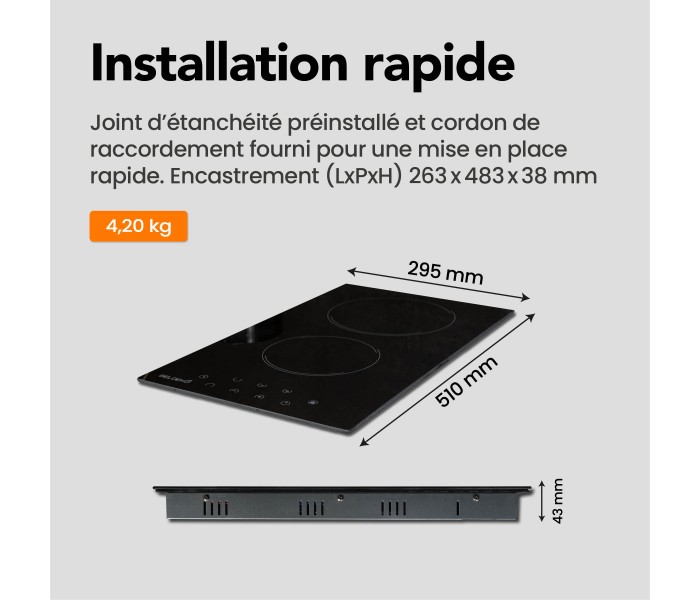 Plaque vitrocéramique 2 foyers, encastrable, 2 feux, fine