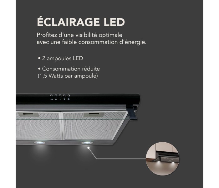 Hotte casquette, hotte visière, 60 cm, noir, fine, beldeko, chantier immobilier, puissante, silencieuse