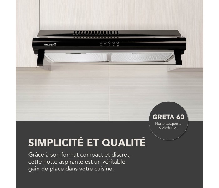 Hotte casquette, hotte visière, 60 cm, noir, fine, beldeko, chantier immobilier, puissante, silencieuse