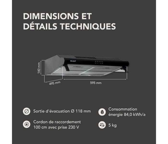 Hotte casquette, hotte visière, 60 cm, noir, fine, beldeko, chantier immobilier, puissante, silencieuse