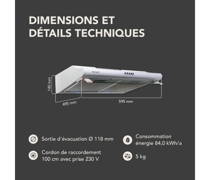 hotte casquette, blanche, 60 cm, hotte visière, hotte fine, blanc