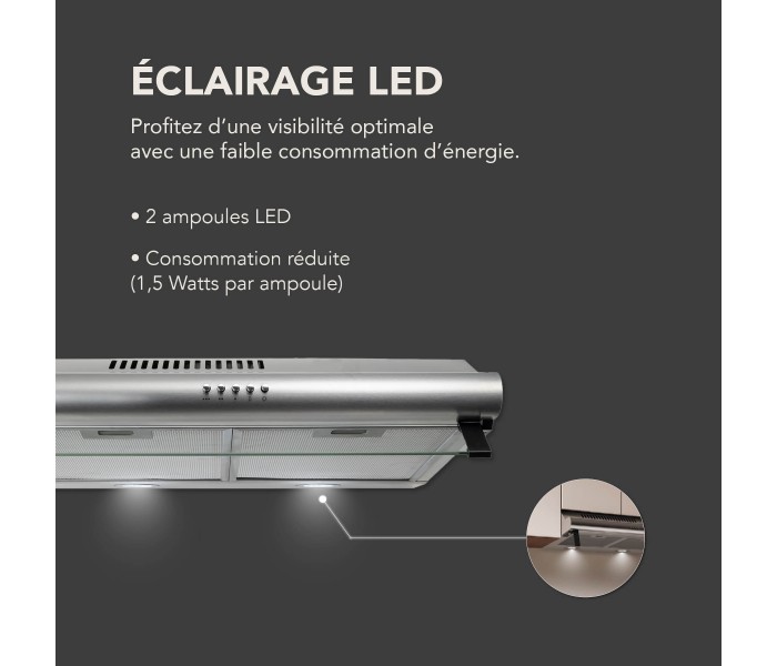 Hotte Casquette 60 cm. Hotte visière, Inox , puissance, filtre à graisse.