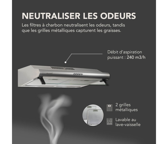 Hotte Casquette 60 cm. Hotte visière, Inox , puissance, filtre à graisse.