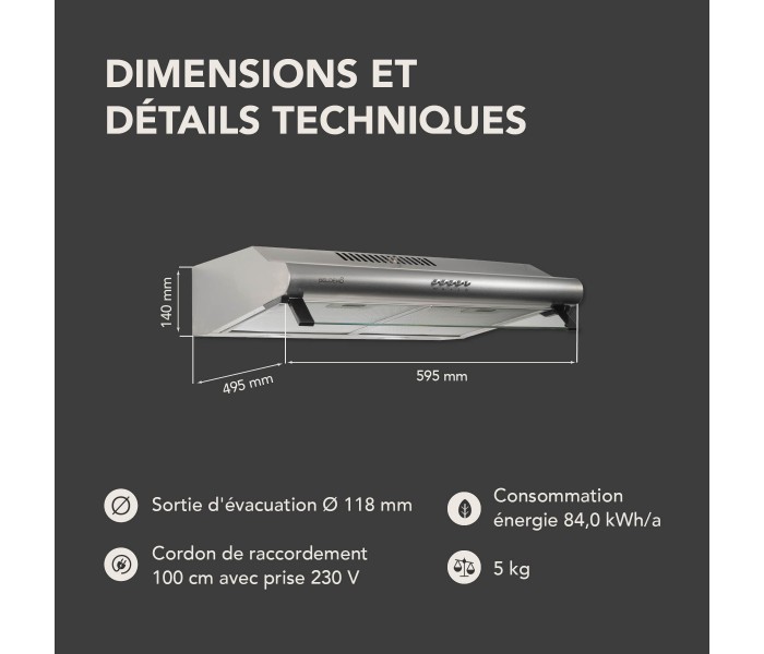 Hotte Casquette 60 cm. Hotte visière, Inox , puissance, filtre à graisse.
