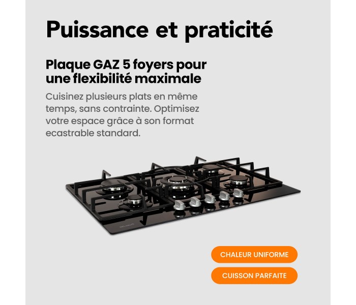 Plaque gaz, 5 feux, 5 foyers, encastrable, verre noir, 56x49, fonte, puissante, remplace 4 feux