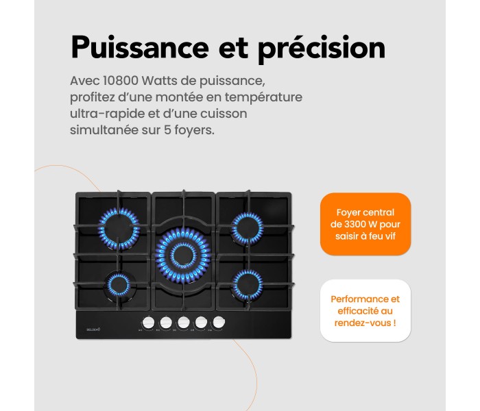 Plaque gaz, 5 feux, 5 foyers, encastrable, verre noir, 56x49, fonte, puissante, remplace 4 feux