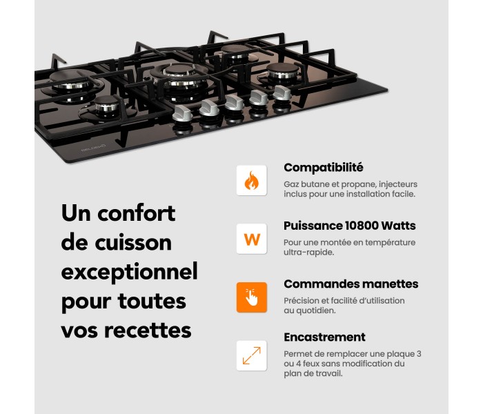 Plaque gaz, 5 feux, 5 foyers, encastrable, verre noir, 56x49, fonte, puissante, remplace 4 feux