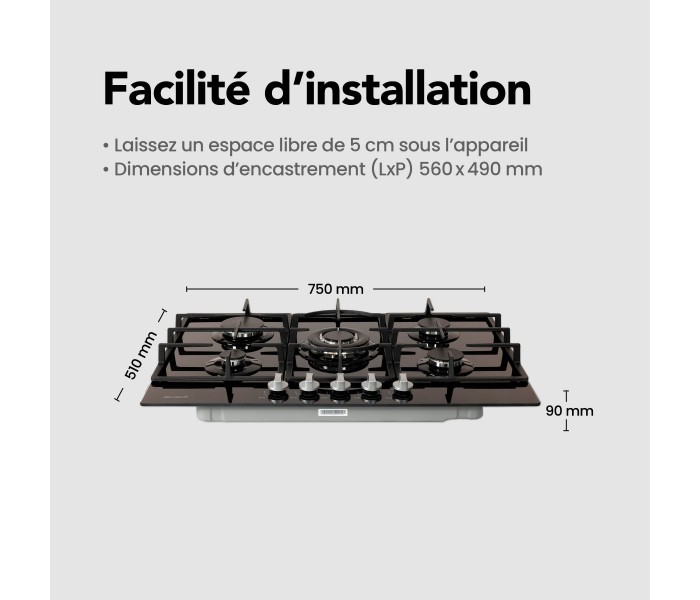Plaque gaz, 5 feux, 5 foyers, encastrable, verre noir, 56x49, fonte, puissante, remplace 4 feux