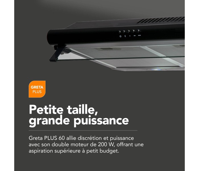 Hotte casquette. noir, 60 cm, 59,5 cm, double moteur, led, puissante, silencieuse