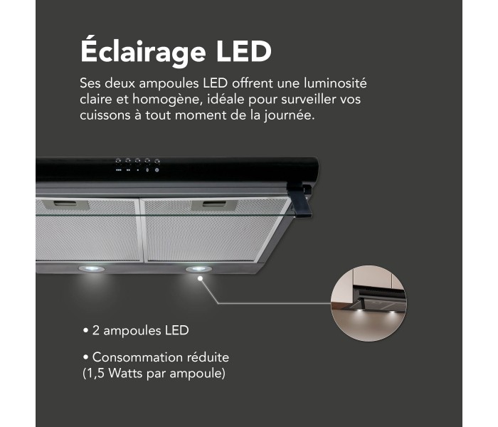 Hotte casquette. noir, 60 cm, 59,5 cm, double moteur, led, puissante, silencieuse