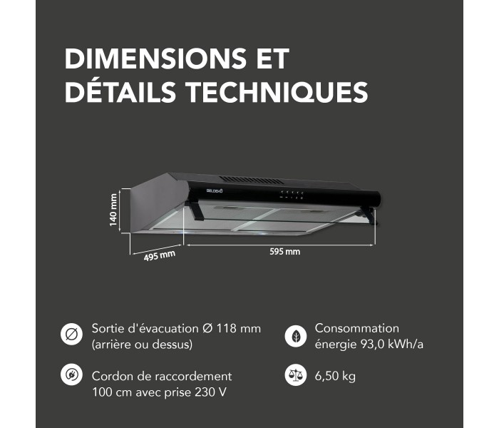 Hotte casquette. noir, 60 cm, 59,5 cm, double moteur, led, puissante, silencieuse