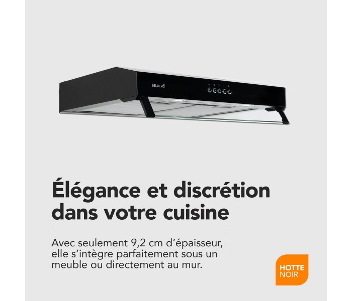 Hotte casquette noir, 60 cm, hotte visière, noir, filtre, evacuation, recyclage