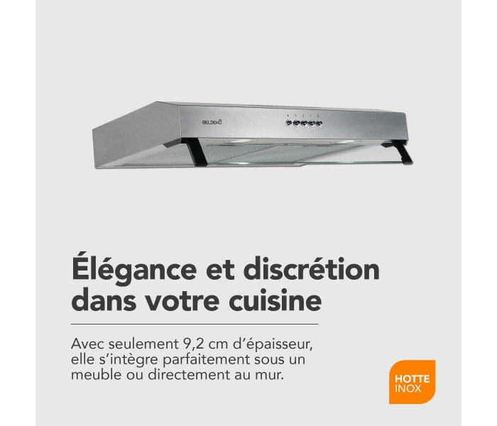 hotte casquette inox, 60 cm, inox, encastrable, beldeko