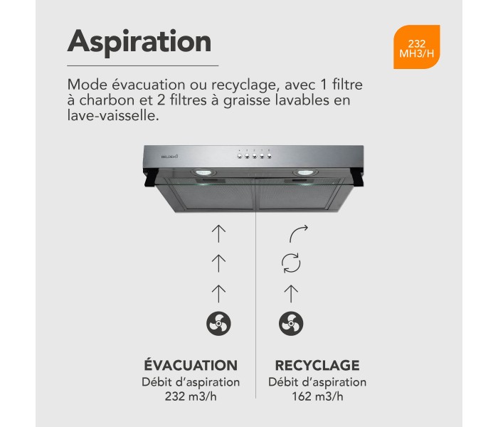 hotte casquette inox, 60 cm, inox, encastrable, beldeko