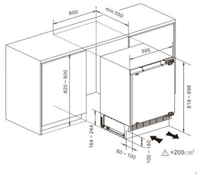 Réfrigérateur encastrable, table top, pantographe, sous plan, pose facade, frigo encastrable
