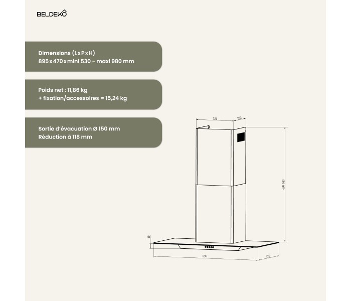 HOTTE DECORATIVE MURALE 90 CM - VERRE ET INOX
