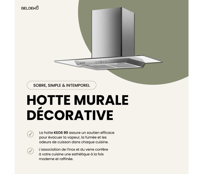HOTTE DECORATIVE MURALE 90 CM - VERRE ET INOX