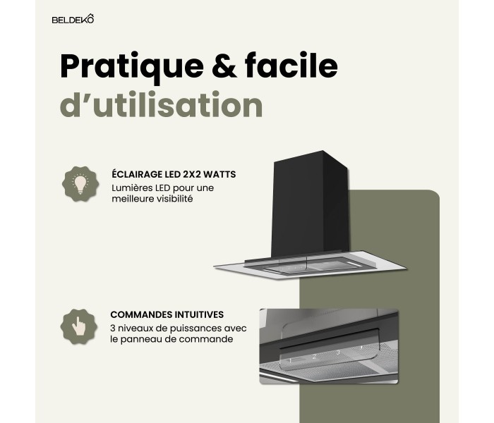 Hotte îlot aspirante 90 cm NOIR - Minuteur - Débit 556 m³-h - 3 vitesses - Beldeko - LUDIA 90 BK