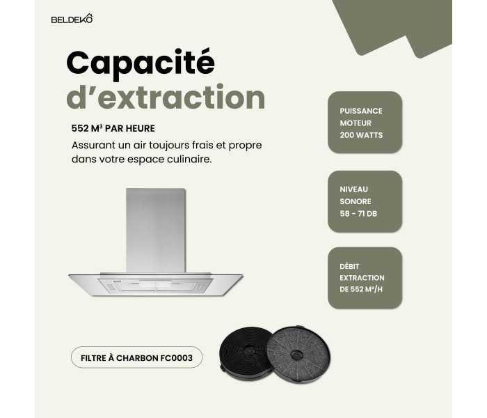 Hotte îlot aspirante 90 cm INOX - Minuteur - Débit 556 m³-h - 3 vitesses - Beldeko - LUDIA 90 XS