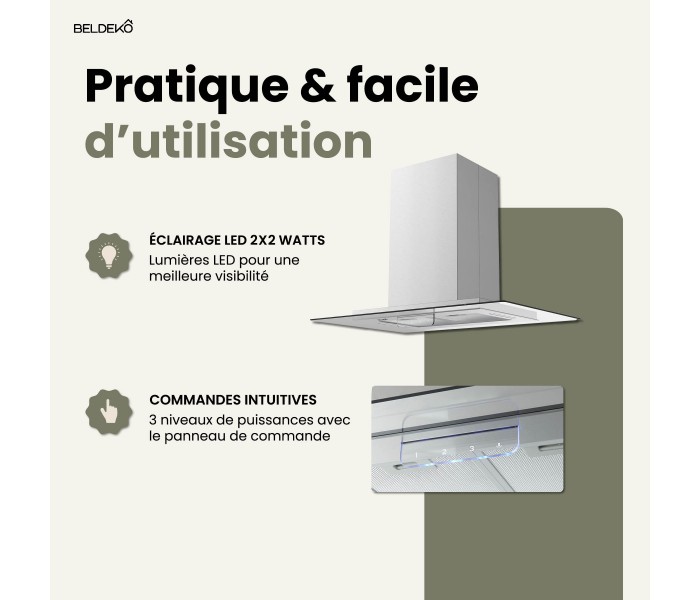 Hotte îlot aspirante 90 cm INOX - Minuteur - Débit 556 m³-h - 3 vitesses - Beldeko - LUDIA 90 XS