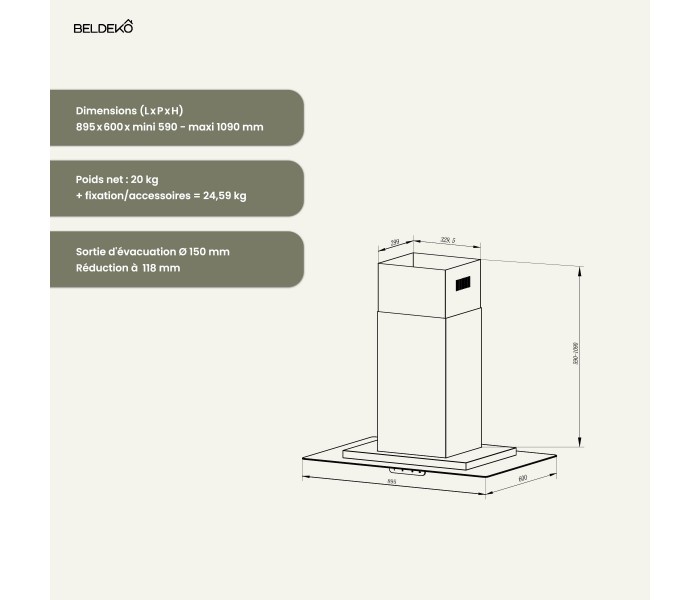 Hotte îlot aspirante 90 cm INOX - Minuteur - Débit 556 m³-h - 3 vitesses - Beldeko - LUDIA 90 XS