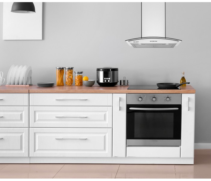 Hotte inox, verre, inclinée, arrondie, 60 cm, galbée, Callys, beldeko