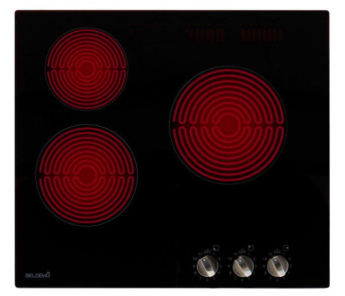 Plaque de cuisson vitrocéramique, 3 foyers, commande par boutons, manettes, plaque vitro, table de cuisson