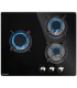 Plaque de cuisson gaz 3 foyers, double courone, verre noir, encastrable