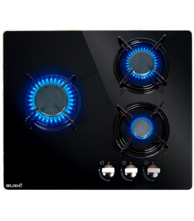 Plaque gaz, encastrable, 3 feux, 3 foyers, verre noir, fonte