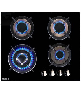 Plaque gaz 4 feux verre noir encastrable, double couronne, fonte