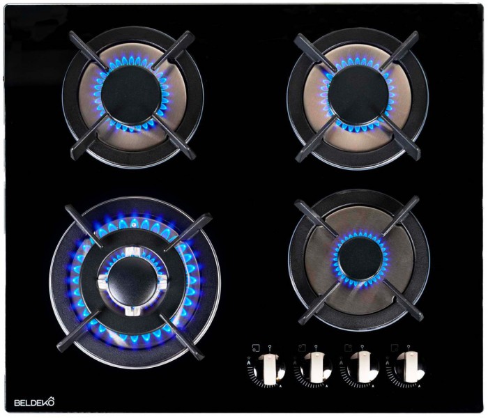 Plaque gaz 4 feux verre noir encastrable, double couronne, fonte