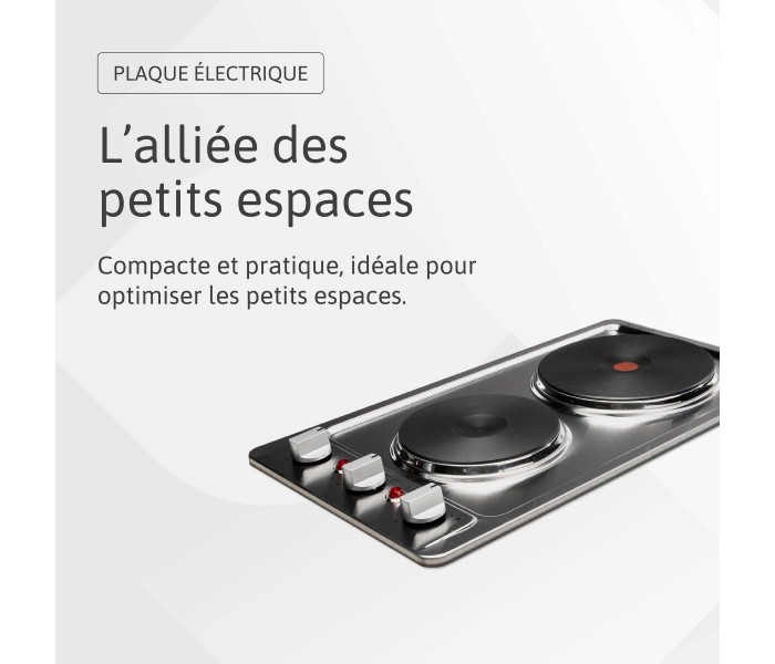 Plaque electrique, fonte, 2 feux, 2 foyers, 2 zones, encastrable, inox, boutons, manettes