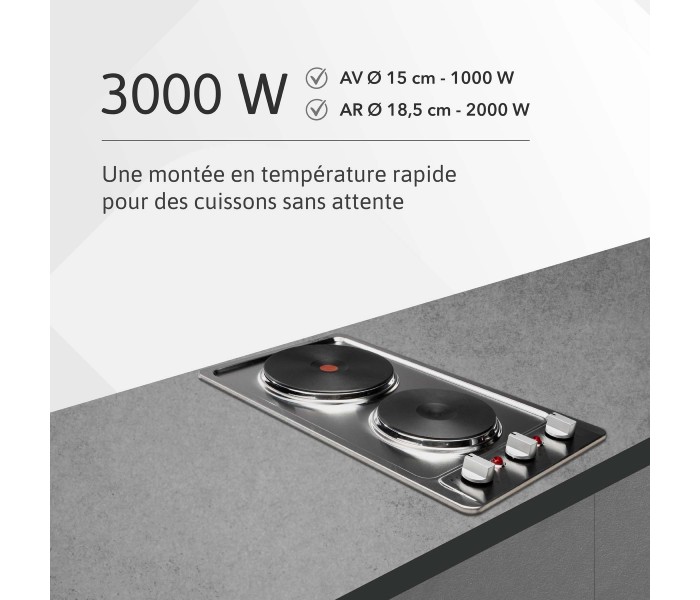 Plaque electrique, fonte, 2 feux, 2 foyers, 2 zones, encastrable, inox, boutons, manettes