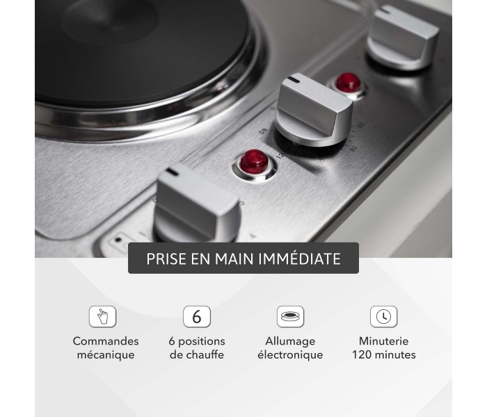 Plaque electrique, fonte, 2 feux, 2 foyers, 2 zones, encastrable, inox, boutons, manettes