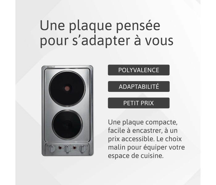 Plaque electrique, fonte, 2 feux, 2 foyers, 2 zones, encastrable, inox, boutons, manettes