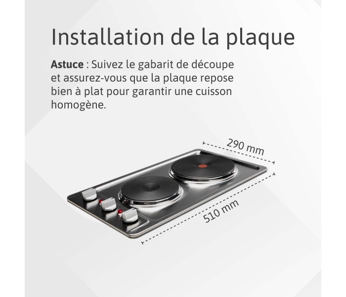 Plaque electrique, fonte, 2 feux, 2 foyers, 2 zones, encastrable, inox, boutons, manettes