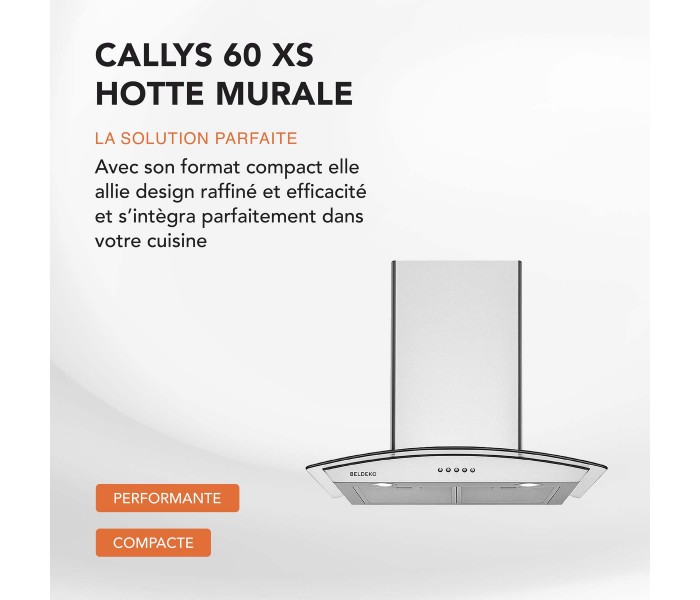 Hotte inox, verre, inclinée, arrondie, 60 cm, galbée, Callys, beldeko