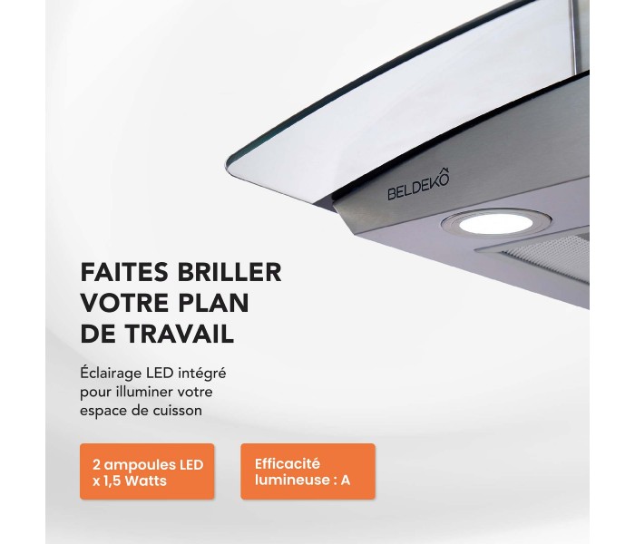 Hotte inox, verre, inclinée, arrondie, 60 cm, galbée, Callys, beldeko