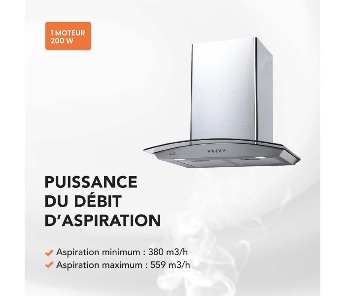 Hotte inox, verre, inclinée, arrondie, 60 cm, galbée, Callys, beldeko