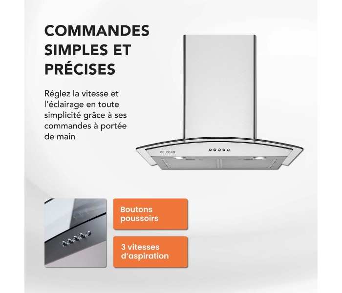 Hotte inox, verre, inclinée, arrondie, 60 cm, galbée, Callys, beldeko