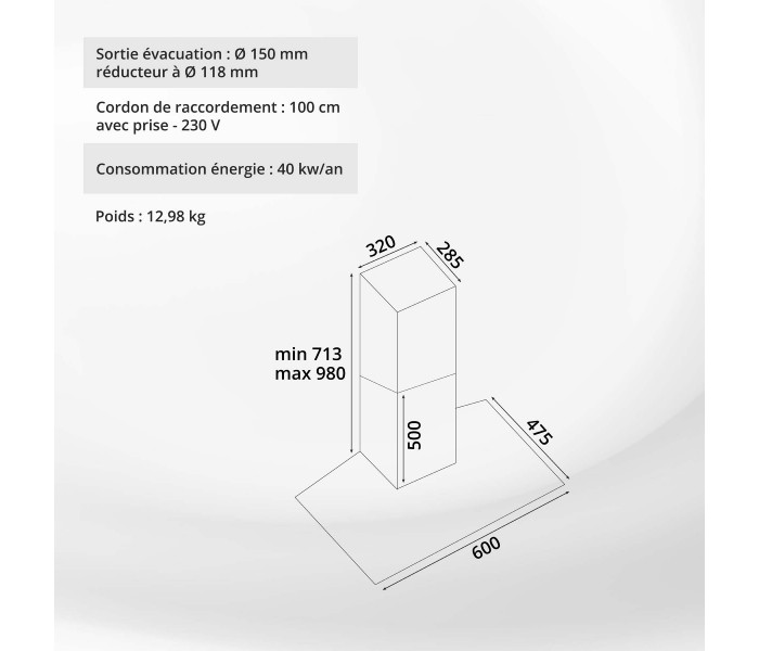 Hotte inox, verre, inclinée, arrondie, 60 cm, galbée, Callys, beldeko