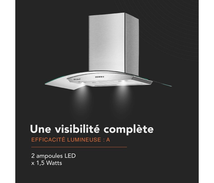 Hotte décorative mural galbé verre et inox, 90 cm, verre rond, arrondie,