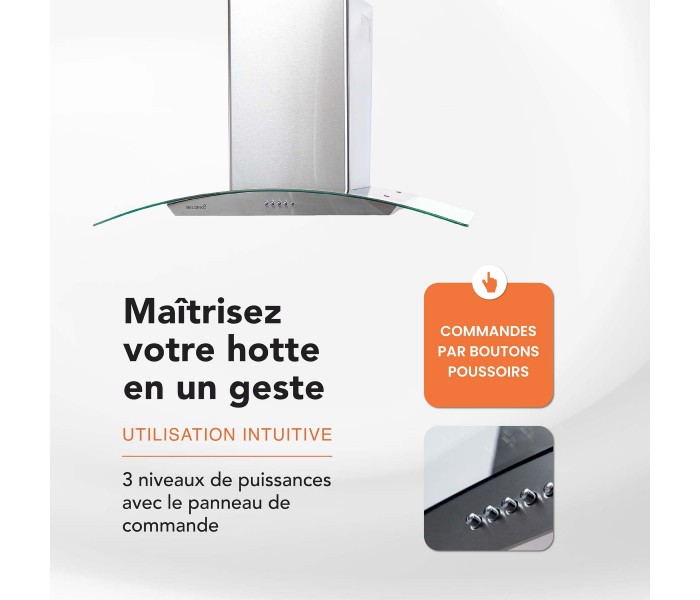 Hotte décorative mural galbé verre et inox, 90 cm, verre rond, arrondie,