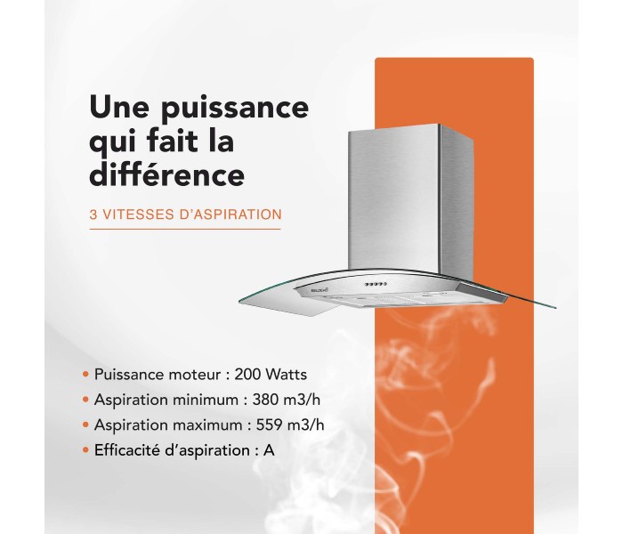 Hotte décorative mural galbé verre et inox, 90 cm, verre rond, arrondie,