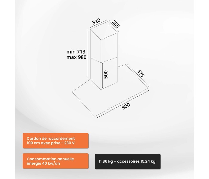 Hotte décorative mural galbé verre et inox, 90 cm, verre rond, arrondie,